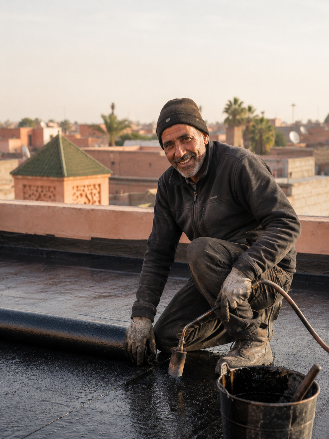 Professionnel expérimenté en étanchéité sur une toiture à Marrakech