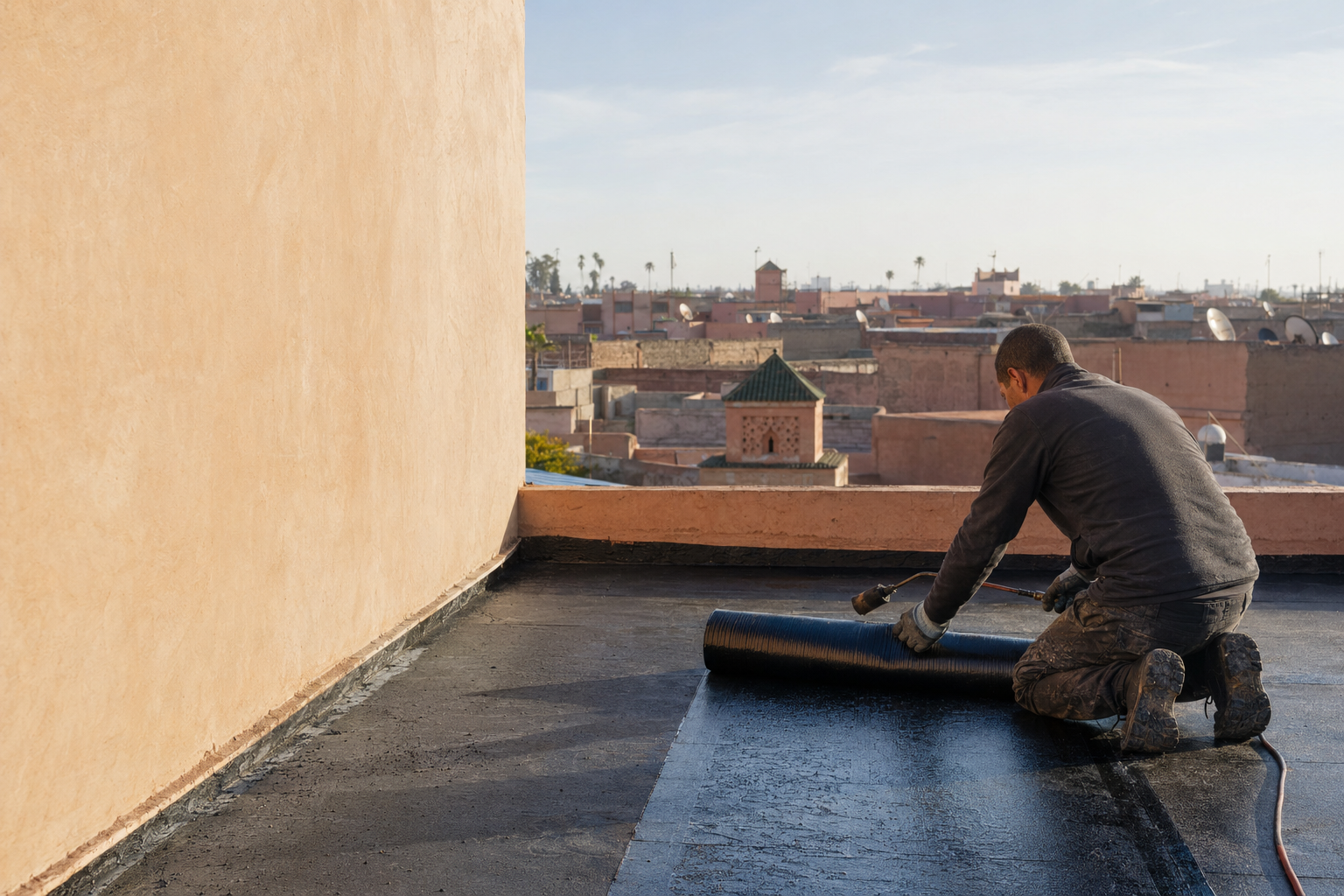 Application d’une membrane d’étanchéité sur une toiture à Marrakech